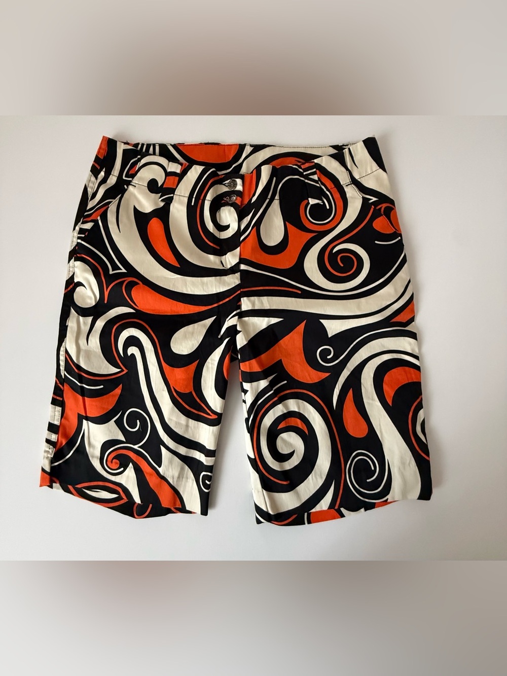 Loudmouth Women’s Flat-Front Shorts in Black, White & Orange Swirl